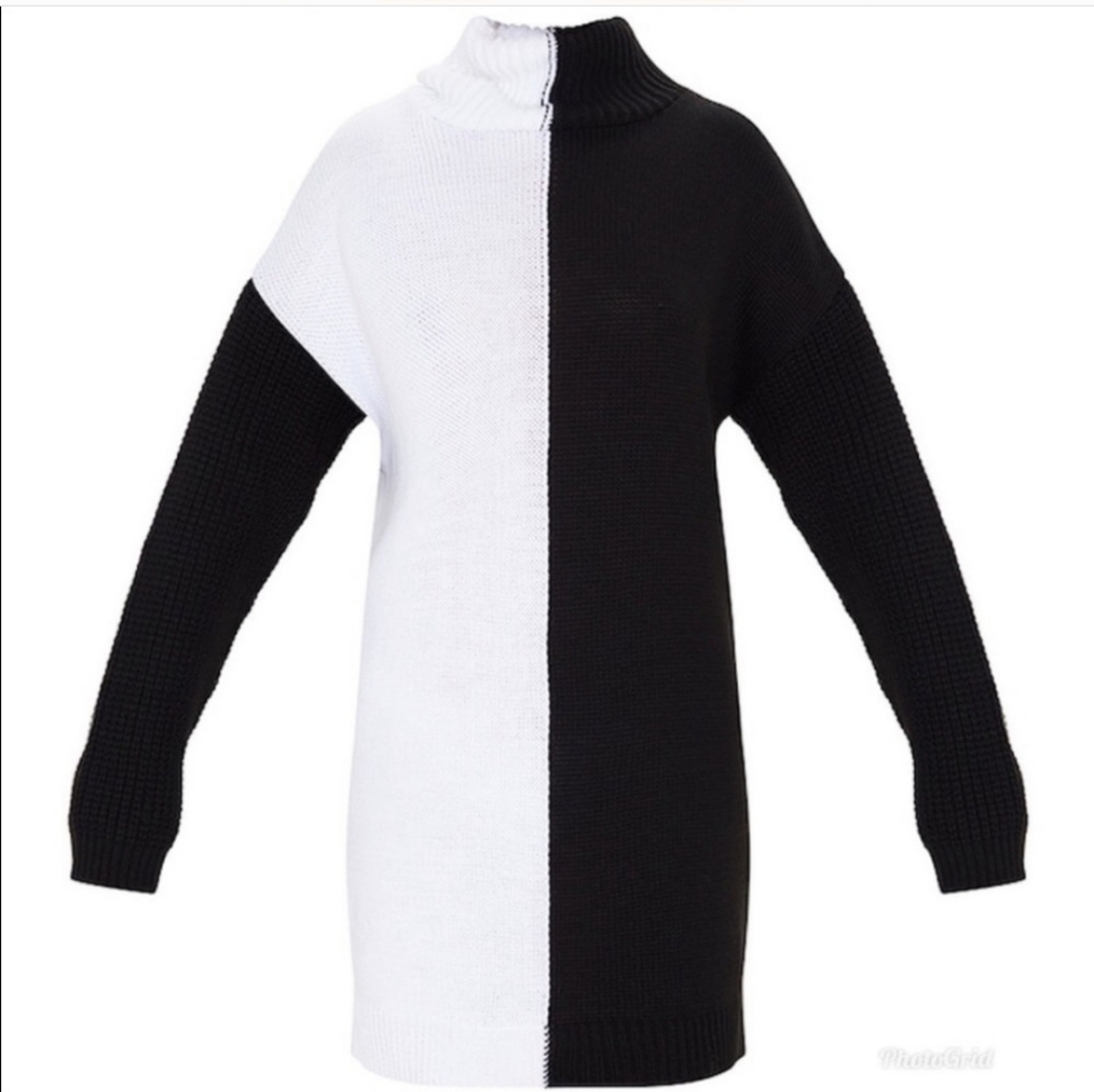 NWOT Split Monochrome Black & White Turtleneck Sweater Dress - Picture 4 of 12